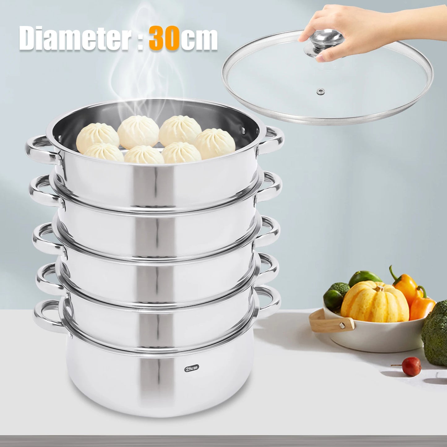 Multifunctional Stainless Steel Steamer 26cm/28cm/30cm 5-Tier Kitchen Cooking Steamer Durable And Easy-to-clean