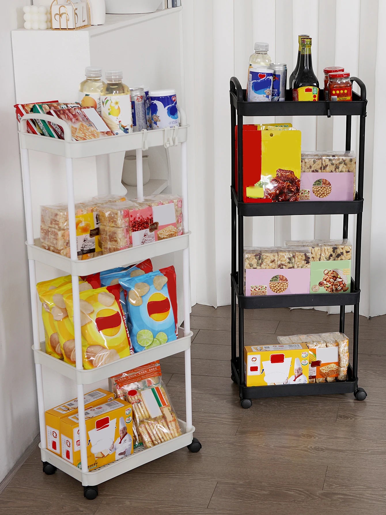 Plastic Rolling Utility Cart with Handle Storage Trolley for Office, Living Room, Kitchen, Movable Storage Organizer with Wheel