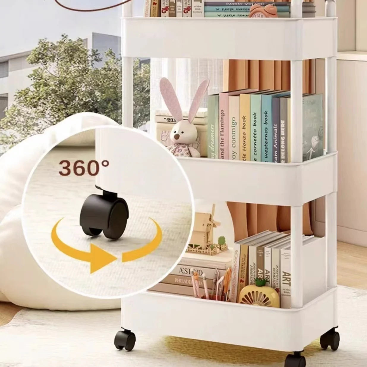 Plastic Rolling Utility Cart with Handle Storage Trolley for Office, Living Room, Kitchen, Movable Storage Organizer with Wheel