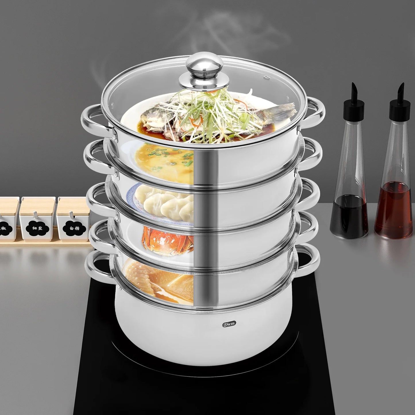 Multifunctional Stainless Steel Steamer 26cm/28cm/30cm 5-Tier Kitchen Cooking Steamer Durable And Easy-to-clean